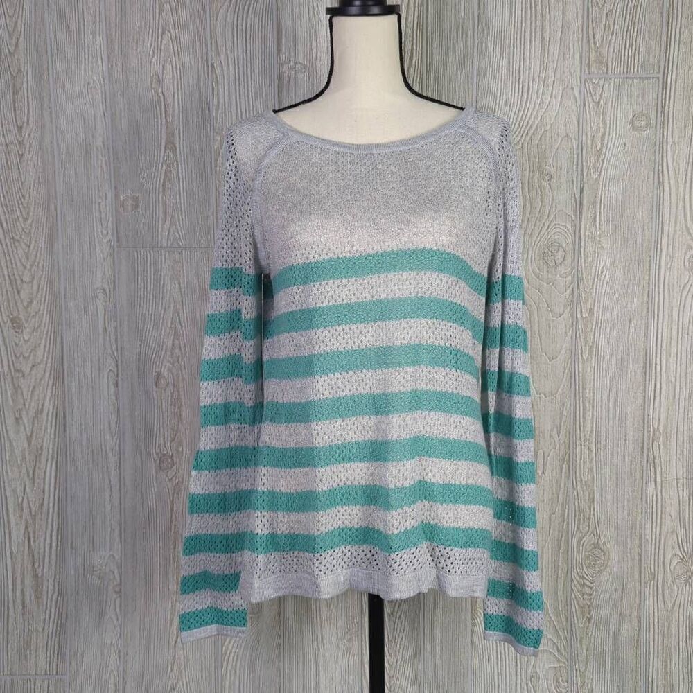 Converse One Star Womens XL Pullover Sweater Gray Turquoise Stripe Boat Neck